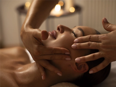 Someone receiving a facial massage.