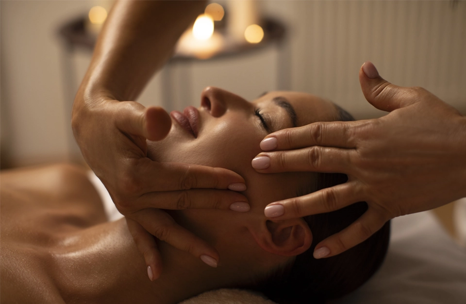 Someone receiving a facial massage.